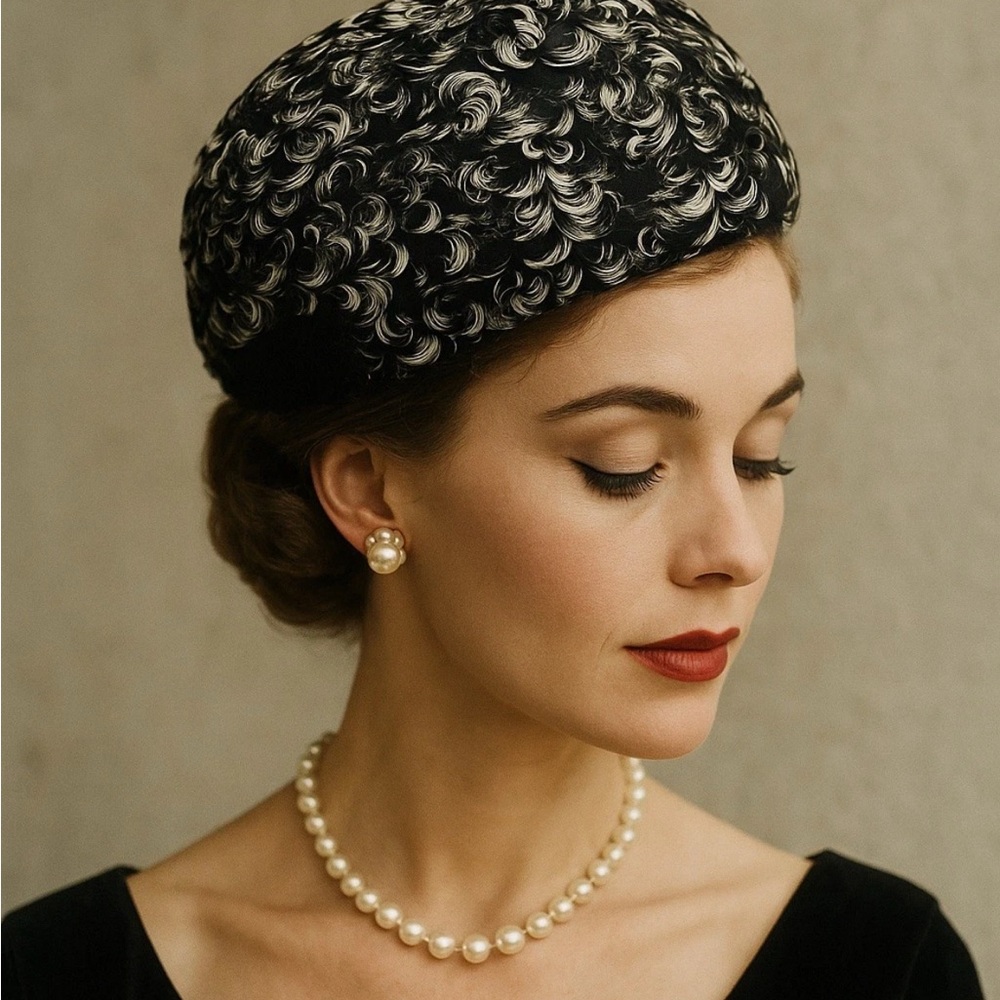 VTG Feather Pillbox Hat – Made in Japan – Black & White Curled Feathers Size BB
